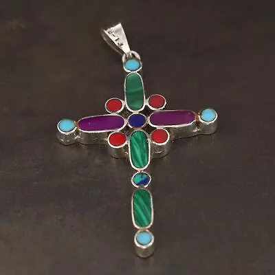 VTG Sterling Silver MEXICO TAXCO Turquoise Malachite Cross Necklace Pendant 15g • $2.99