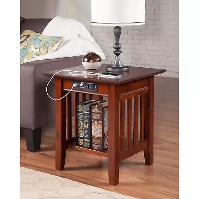 $207.60 • Buy Square Mission Style Wood End Side Table W/2 USB Ports,110 V Outlets & Shelf 