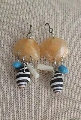 WHIMSICAL CAPE COD SHELL EARRINGS Drop Dangle Coral Whelk Turquoise Beads • $8.06