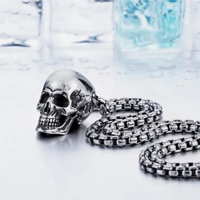 Gothic Mens Biker Skull Pendant Necklace Men Stainless Steel Chain Silver Gift • £9.89