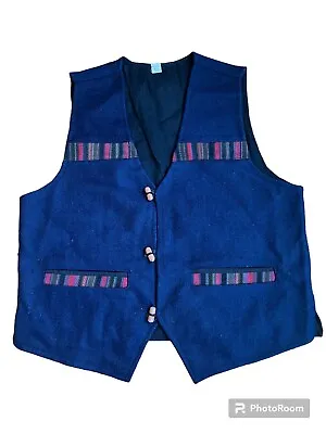 Wool Made Nepal Vest Wood Toggle Mens Navy Color Stripe Costume Halloween Size S • $33.75