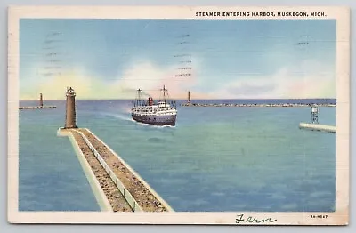 1935 Postcard Steamer Entering Harbor Muskegon Michigan Ship • $4.75