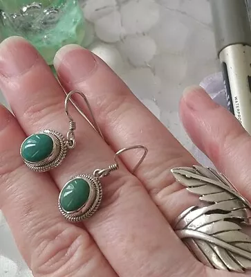 *Gorgeous Sterling Silver Oval Green Turquoise Boho Dangle Earrings Hooks  • £18
