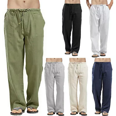 Men Cotton Linen Pants Summer Drawstring Loose Baggy Elasticated Trousers Lounge • £11.99