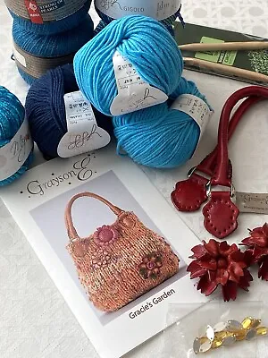 Grayson E Muench Yarns Knitting Purse Red Leather Handles Flowers Blue Knit Kit • $179.99