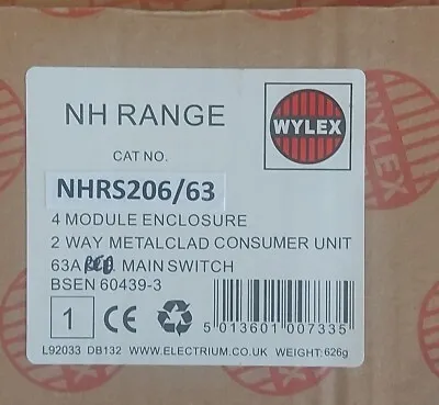 £19.99 • Buy WYLEX NHRS206/63 (2WAY CONSUMER UNIT WITH 63amp RCD)