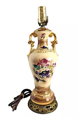 Vintage Porcelain Table Lamp Metal Base Floral Gold Accents 17.5 X6  Works • $29