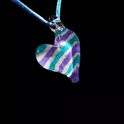 Mexican Heart Necklace Womens Purple Green Hand Blown Glass Folk Art Jewelry • $9.88