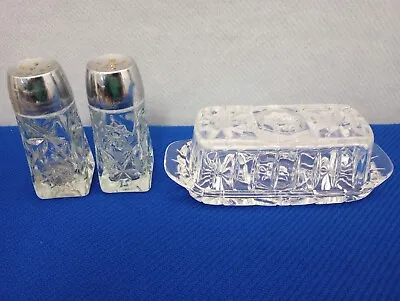 Vintage Anchor Hocking Eapc Star Of David Clear Covered Butter Dish And Shakers • $14.99