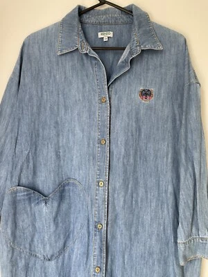 $120 • Buy KENZO PARIS Cotton Chambray LONGLINE SHIRT DENIM DRESS 44 Heart Pocket OVERSIZED