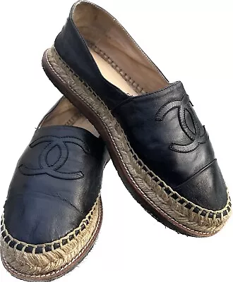 $199 • Buy Authentic CHANEL Black Leather Espadrilles Size 39