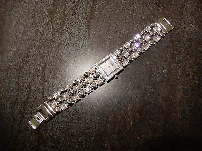 VTG CACHE' Watch Silver Tone Japan Mov't W/AB Rhinestones Princess Cut • $25