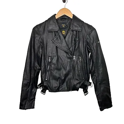 Superdry Womens Vintage Coated Biker Jacket Sz 4 Black Cotton Zip Pockets • $58