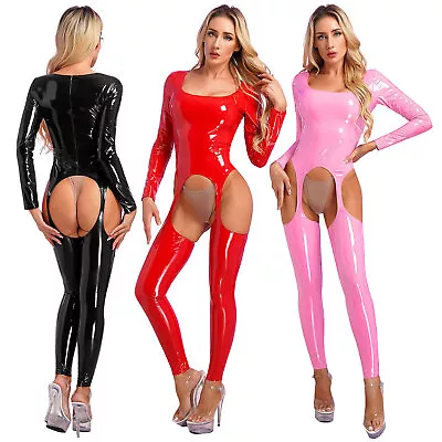 Women Wet Look Patent Leather Open Crotch Full Body Suit Catsuit Skinny Jumpsuit • £9.48