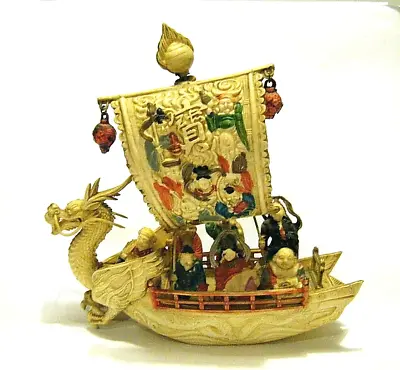 7  Vintage Japanese Large Colored Celluloid Dragon Sailboat 7 Lucky God Figurine • $50