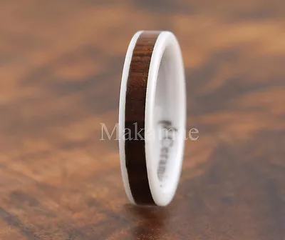 4MM  White Ceramic Inlaid Koa Wood Ring Flat • $45