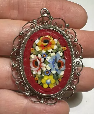 Vintage Venetian Micro Mosaic Glass Tiles Handmade Red Blue Flowers Pendant • $35.99