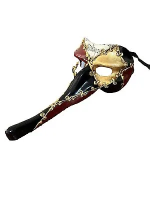 Long Nose Masquerade Mask Venetian Black Gold & Red. Plague Doctor Style. • $59