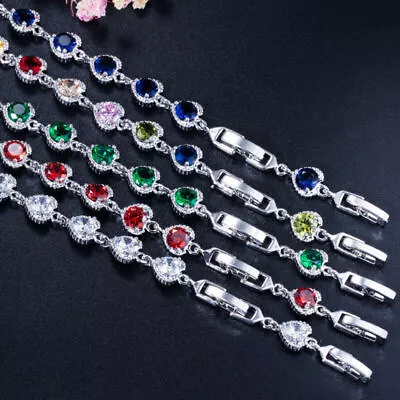 925 Silver Crystal Heart Linked Charm Bracelet Women Wedding Jewellery Gifts • $2.82
