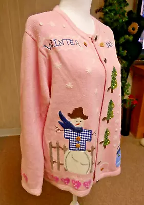 Quacker Factory Snowman Winter/ Snowman Pink Cardigan Sweater -Size L • $17.95