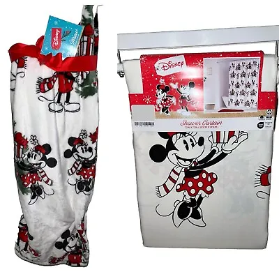 Disney Mickey & Minnie Mouse Christmas Throw Blanket 50”x70” & Shower Curtain • £59.84
