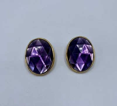 $49 • Buy Vintage Signed Ben Amun Massive Purple Faceted Stone Clip Earrings 2 In Long