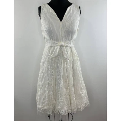 $25 • Buy Eva By Eva Franco Ivory Lace Overlay V-Neck Tie Tulle Waist Fit & Flare Dress 6