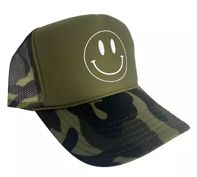 New Happy Face Smile Green Camo Hat 5 Panel High Crown Trucker Snapback • $22.95