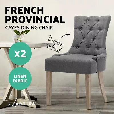 Artiss Dining Chair French Provincial Chairs Wooden Fabric Retro Cafe Grey X2 • $225.95