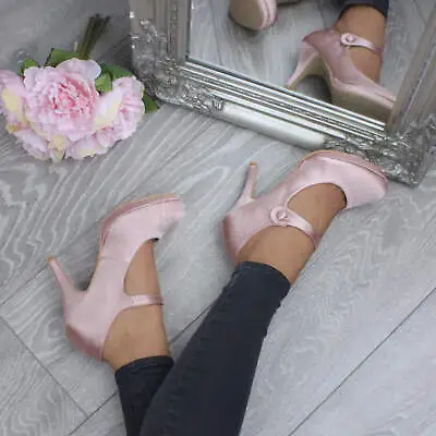 Womens Ladies High Heel Mary Jane Strap Bridesmaid Wedding Party Court Shoes • £28.99