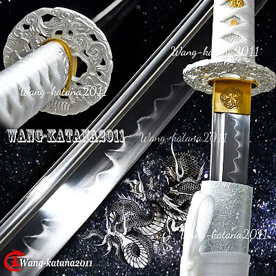 Elegant Silver Dragon Katana T10 Clay Tempered Functional Japanese Samurai Sword • $92.99