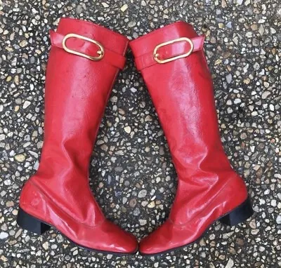 Ultimate Vintage 1960’s Red Patent Faux Leather Belted Go Go Boots 5.5 Mint • $225