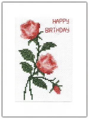 £6.49 • Buy Roses & Bud, Coral/Red/Pink - Happy Birthday Cross Stitch 6x8 White Card Kit