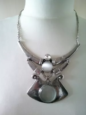 Statement Silver Tone Brutalist Egyptian Style Faux Moonstone Necklace • £20