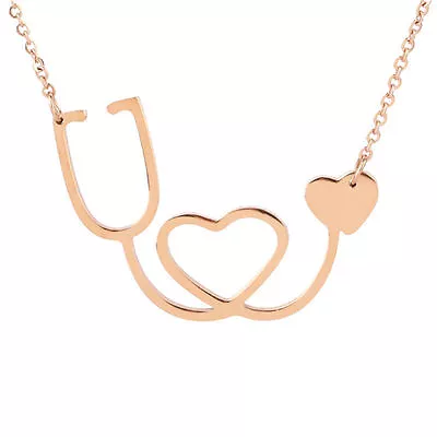 Medical Doctor Nurse Stethoscope Heart Rose Gold Charm Pendant Chain Necklace  • $12.40
