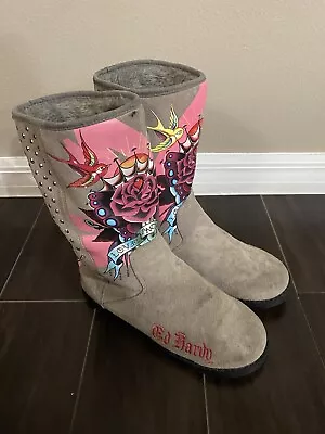 Don Ed Hardy Women’s Tan Suede Boots  Love & Roses  Studded Women’s Size 9 • $24.99