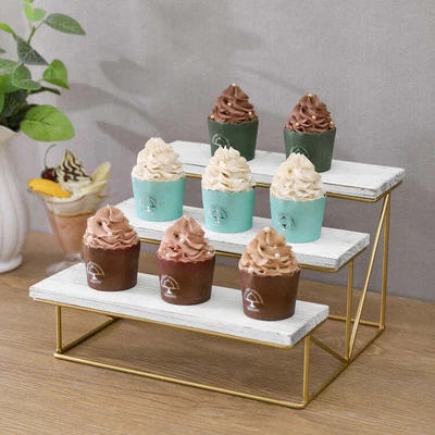 £41.72 • Buy 3-Tier Whitewashed Wood & Gold Metal Tabletop Cupcake Dessert Display Riser Rack