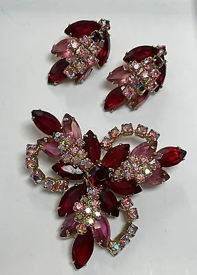 Vintage D&e Juliana Red Ab Rhinestone Dimensional Pin Brooch Earrings Set Vgc • $75