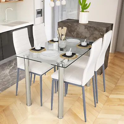 5 Piece Dining Set Table And 4 Chairs Glass Metal Kitchen Breakfast Furniture • $229.99