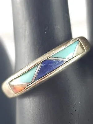 Vintage Sterling Silver Coral Lapis Lazuli Turquoise Inlay Ring Size 7 - 4 Grams • $30