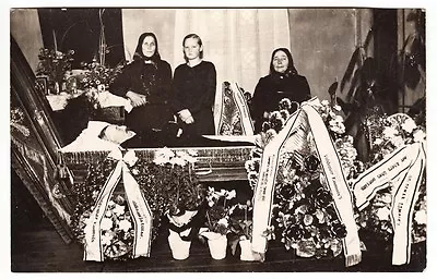 1920s Estonia POST-MORTEM Moustache Man In Coffin Flowers Widow Ribbons Photo • $14.99