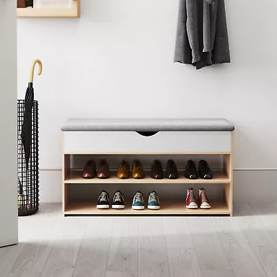 Oak Shoe Rack Storage Bench With Shelves Cushion Seat Hallway Wooden Cabinet • £39.95