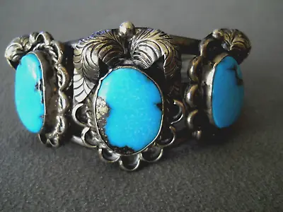 Native American Navajo Morenci Turquoise Sterling Silver Raised Leaves Bracelet • $285