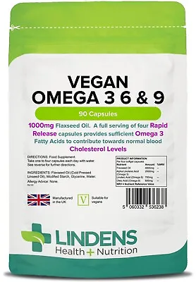 Vegan Omega 3 6 9 Flaxseed Oil Capsules 1000mg Flax Seed Cholesterol By Lindens • £11.38