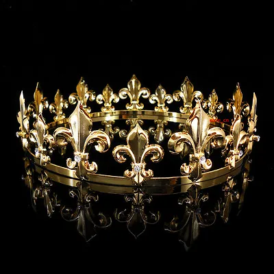 Men's Imperial Medieval Fleur De Lis Gold King Metal Crown 4.6cm Tall 56.5cm Cir • $24.49