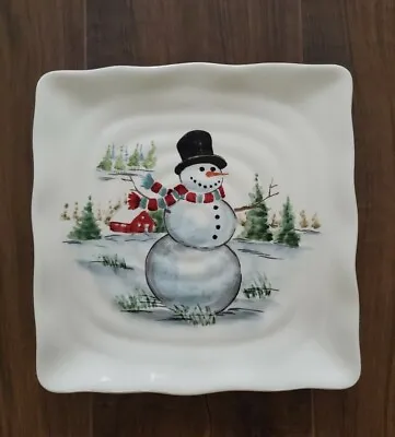 NEW (2) Maxcera Christmas Snowman Winter Village Square Salad Plates Home Decor • $39.99