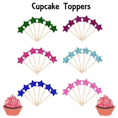 Stars Birthday Party Double Sided Glitter Cupcake Toppers Decoration With Sticks • £1.99