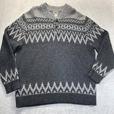 L L Bean Mens Fair Isle Nordic Ragg Henley 100% Lambs Wool Knit Sweater XXL Gray • $56.95