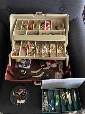 Vintage Plano 2 Tray Tackle Box Full With Tackle Lures Hooks Bobbers Spoons • $45