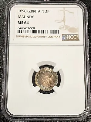 1898 MS64 Great Britain Toned Silver 3 Pence Maundy NGC KM 777 Victoria • $124.99